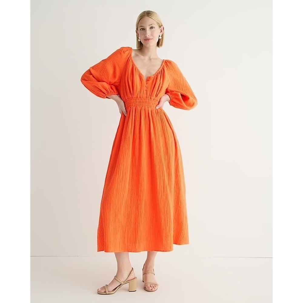 J.Crew Gauze Maxi Dress M Orange Coastal Boho Smocked Tomato Girl Summer